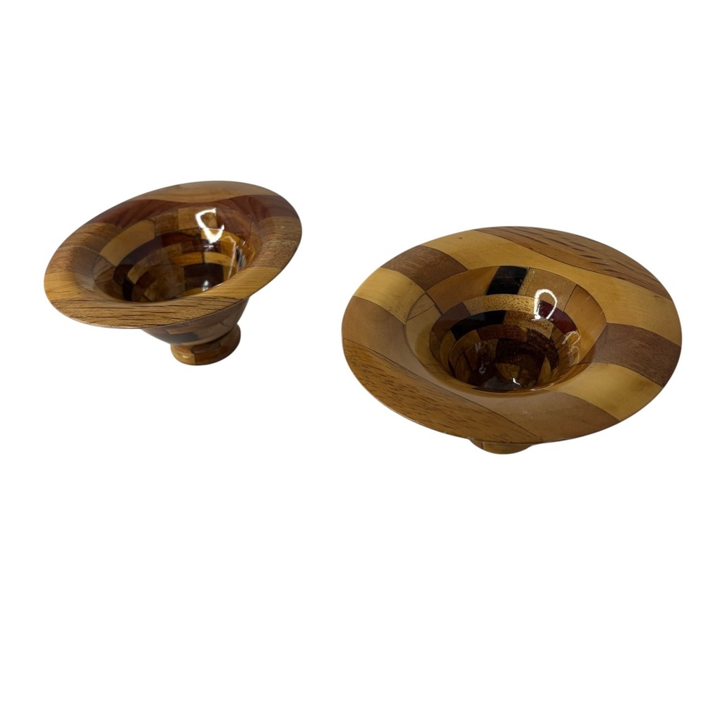 Vintage Segmented Wood Pedestal Bowls Set of 2 Handcrafted MCM 6" Rustic